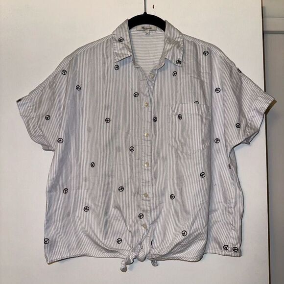 Madewell Embroidered Peace Sign Short-Sleeve Tie-Front Shirt Size Small - Picture 1 of 9